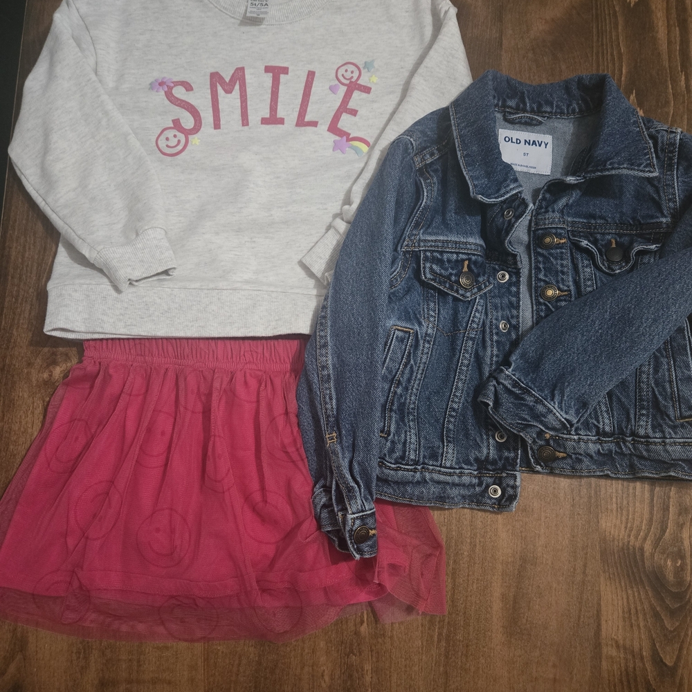 Old Navy Girls Denim Jacket + 'Smile' Sweatshirt & Pink Tulle Skirt Set